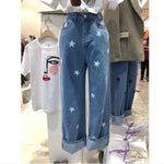 2020 Korean fashion Five-pointed star printed straight jeans women high waist loose denim pants truosers r576